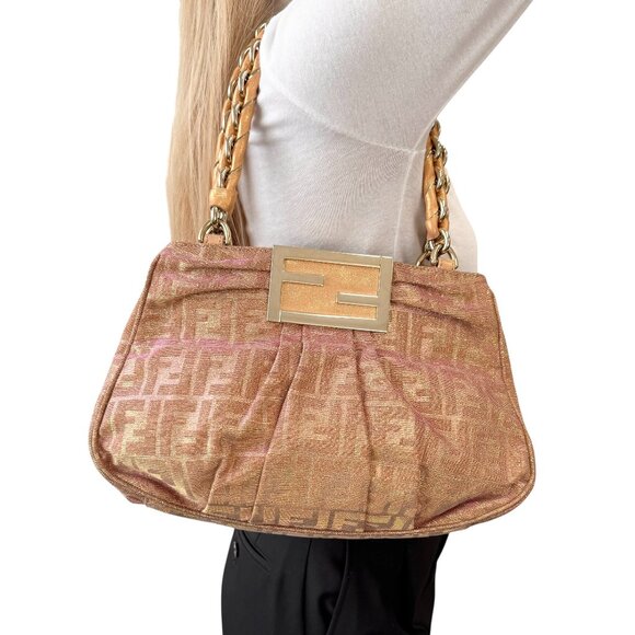 FENDI Vintage FF Logo Zucca Monogram Shoulder Bag Glitter Pink Beige [106505] - Picture 1 of 12